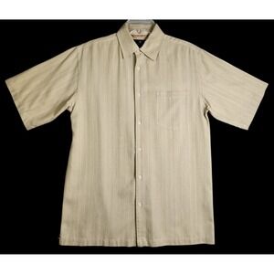 Toscano 100% Silk Beige  Short Sleeve Button Up Shirt Men's Small Texture Stripe